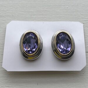 Silver Tone Vintage Clip Earrings Purple Faceted Stone